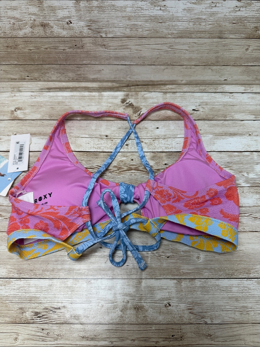 Roxy Pink Floral Tie-Front Bikini Top with Blue and Yellow Trim NEW S/8 - Picture 5 of 7